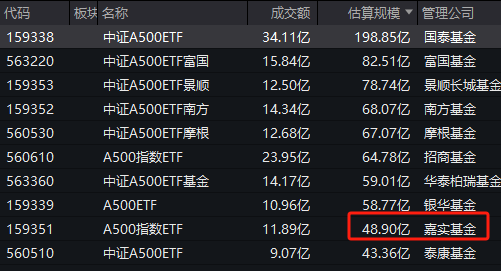 聚焦A500基金大战：嘉实中证A500ETF规模48.9亿元，位居同类倒数第二名，仅比成立3年的泰康基金强点儿